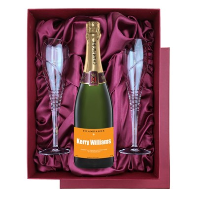 Personalised Champagne - Orange Label in Red Luxury Presentation Set With Flutes